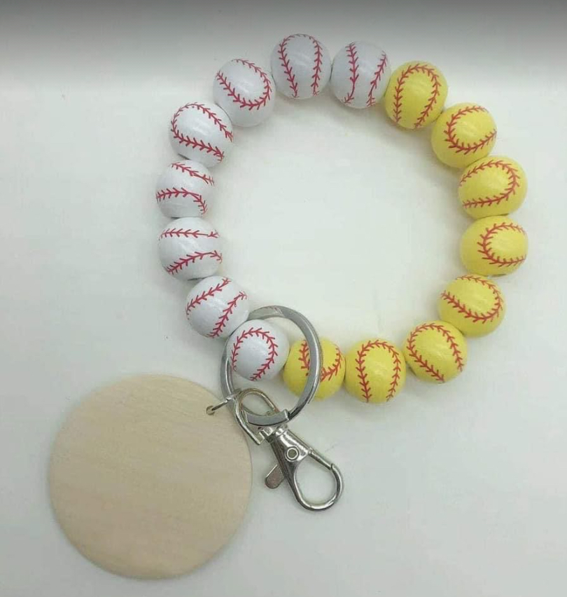 

baseball keychain Football wooden bead key chain basketball, leather ball, wood beads, hand keychain printing, flower and