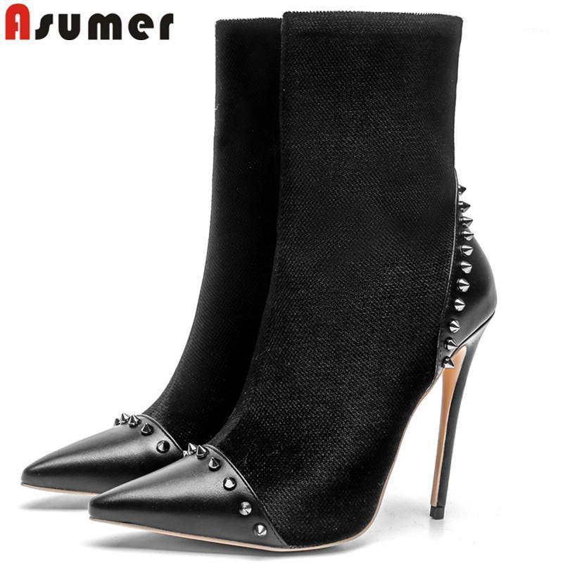 

ASUMER 2020 fashion autumn winter shoes woman pointed toe zip ankle boots women flock thin high heels boots big size 33-431, Black