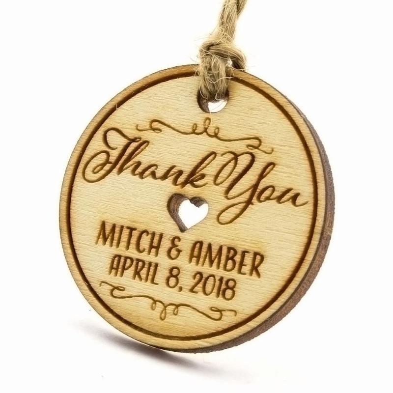 

Personalized mini round wooden wedding gift tag, custom text name, wood tags