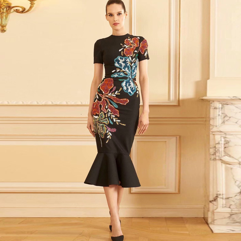 

2021 Summer Track Retro Ethnic Sequins Flowers Short Sleeves Fine Stylish Temperament Mid-length Fishtail Q0vd, Black