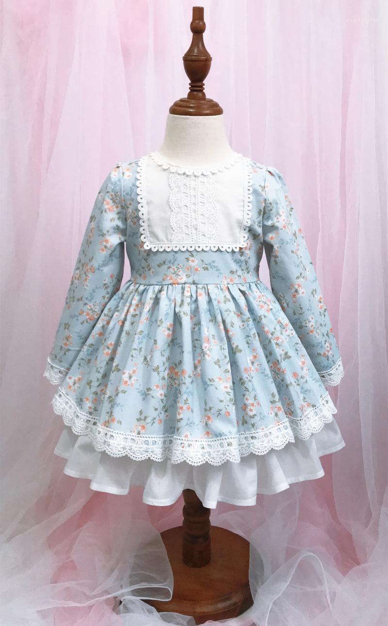 

3PCS Baby Girl Spring Summer Long Sleeve Blue Floral Vintage Spanish Princess Ball Gown Dress for Girl Birthday Easter Casual1, As pic