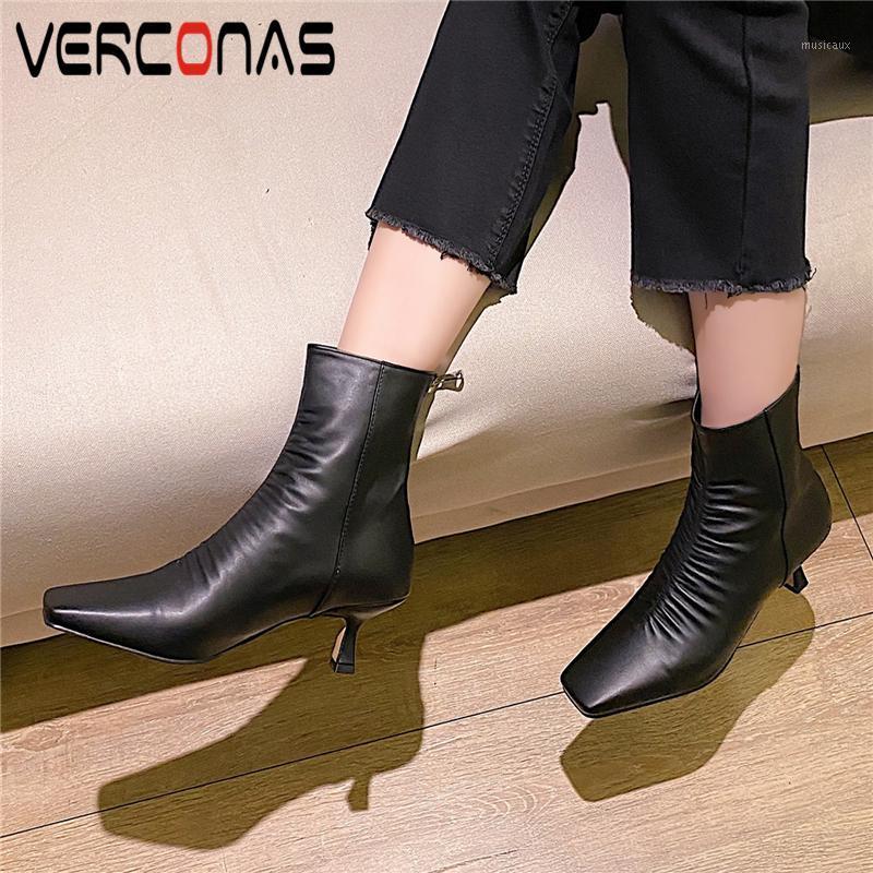 

VERCONAS Concise Square Toe Women Ankle Boots Autumn Winter New Shoes Woman Pleated Thin Heels Back Zip Genuine Leather Boots1, Black