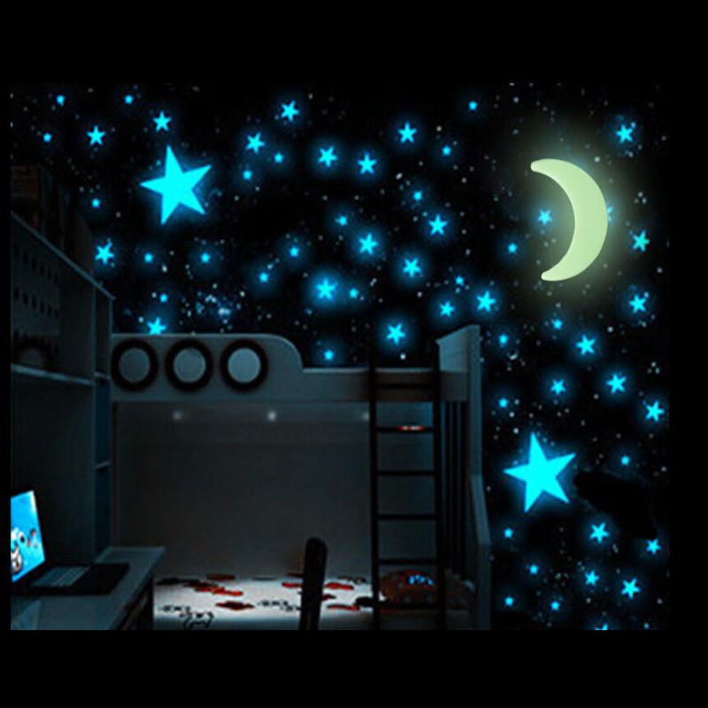 

100pcs Stars Moon Fluorescent Wall Sticker Glowing In The Dark Sticker Lighting in Night Luminous Stereoscopic Home Decoration