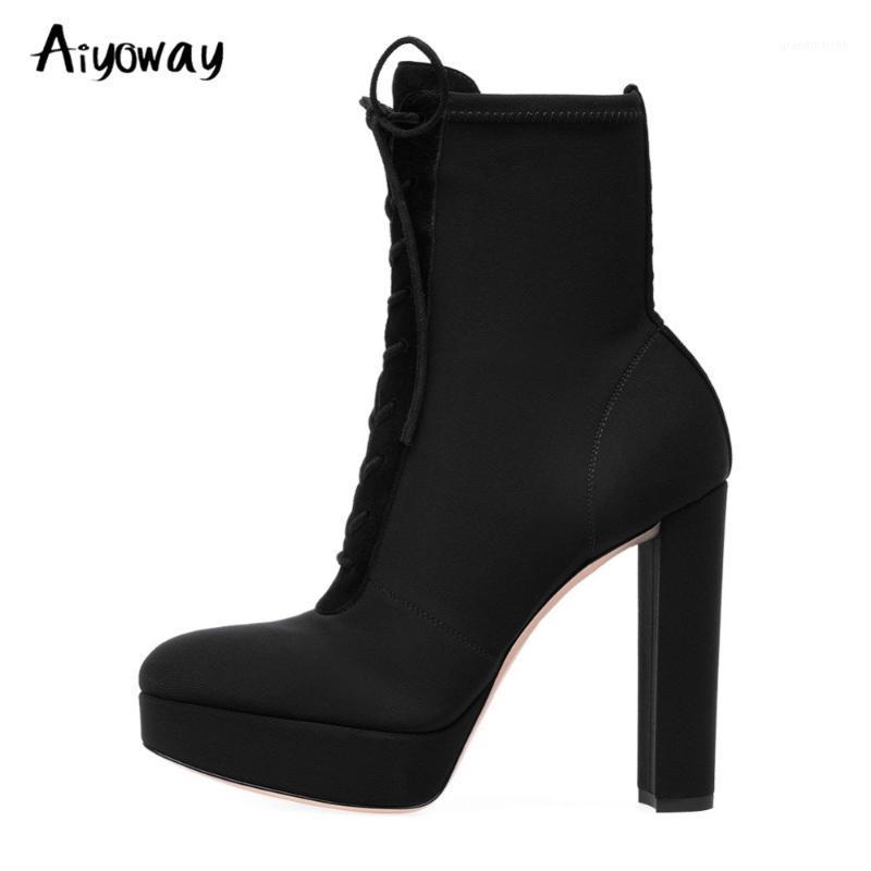 

Aiyoway Fashion Winter Women Stretch Fabric Platform Ankle Boots Round Toe Thick High Heel Lace Up Black Ladies Shoes Plus Size1