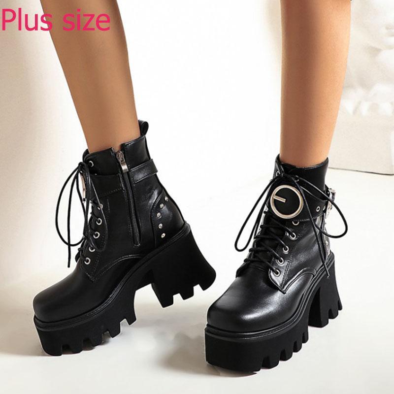 

Women Black Sexy Rivet Autumn Boots Leather Punk Style Demonia Goth Shoes On Platform For Ladies Chunky High Heels Big size35-421