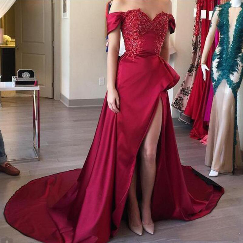 

Custom Made Burgundy Off Shouder Split Evening Dresses with Beaded Appliques Sweep Train Satin Formal Prom Party Gowns, Same as picture