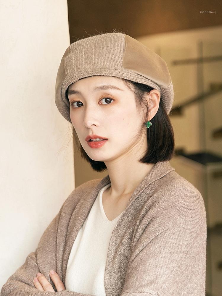 

New autumn winter Beret Hat Women's Korean version all over the world with bud hat hair mosaic painter Winter octagon1, Camel