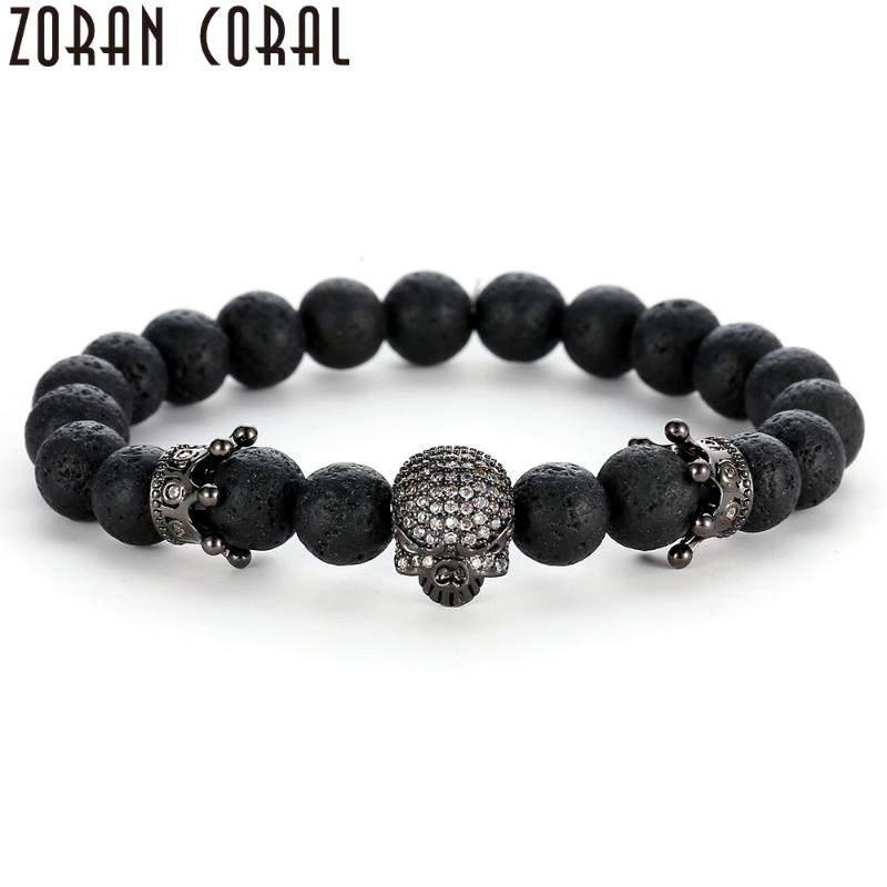 

Charm Bracelets 2021 High Quality Men Beads Rose Gold Micro Pave CZ Crown And Skeleton Skull Bracelet European Jewelry