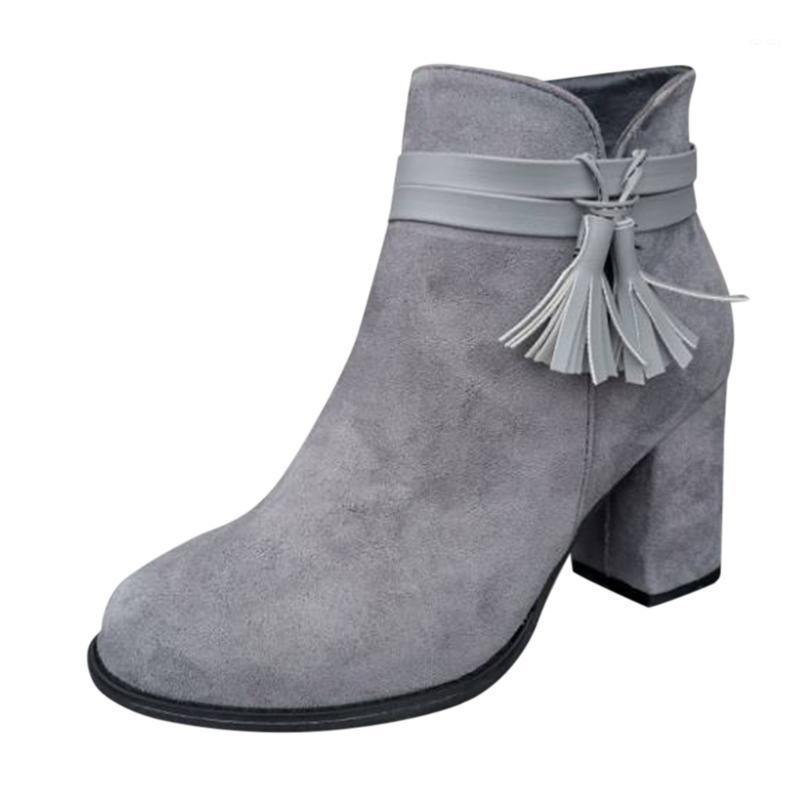 

SAGACE Ladies winter retro square with casual high heel ladies autumn fashion tassel solid color booties bare boots1, Gray