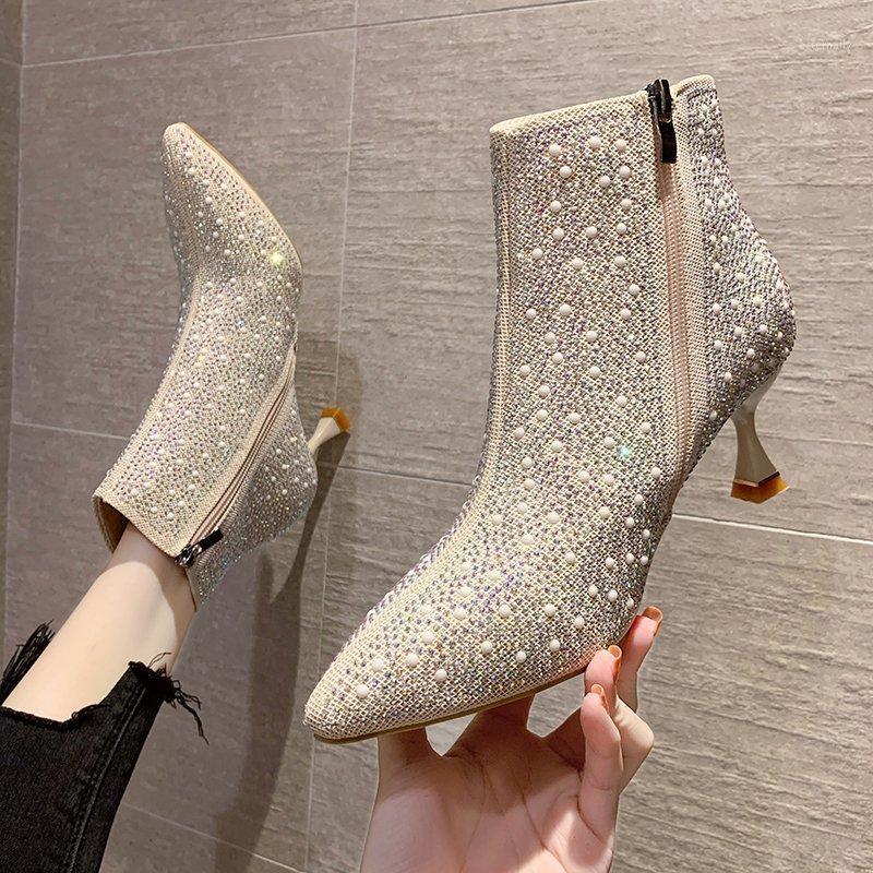 

Rimocy Women's Autumn Winter Ankle Boots Fashion Rhinestones High Heels Boots Female Zipper Crystal Sexy Pointed Toe Shoes Woman1, Beige