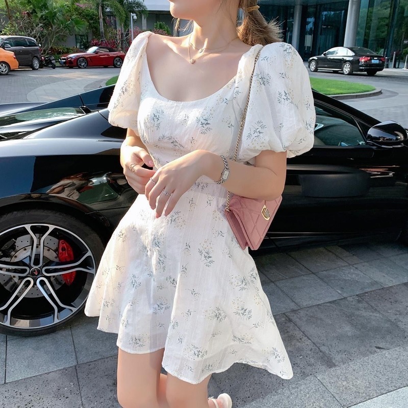 

Elegant Summer Girl Puff Floral Print Mini Lady From Korean Japanese Office Kawaii Style Dress 2021 V00i, Short-white.