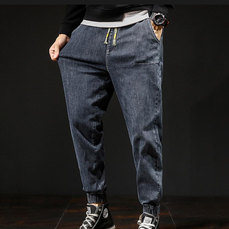 

Stretch elastic waist harem pants loose plus large size denim trousers jeans men autumn new men jeans, Grey blue