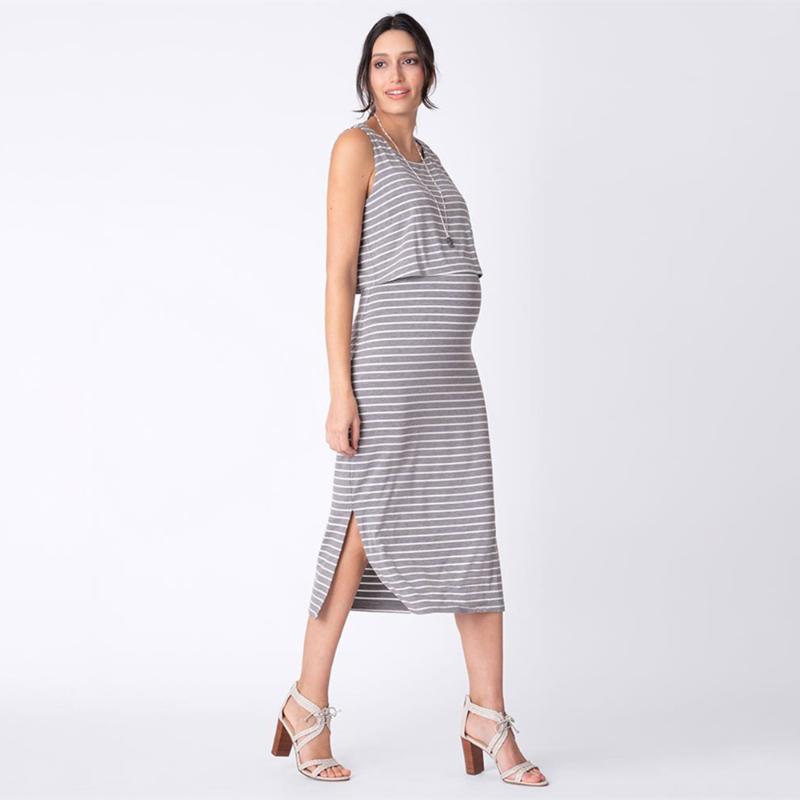 

2021 Pregnancy Dress Outwear Nursing Pregnant Dresses Mother Breastfeeding Sleeveless Clothes Elegant Maternity Nursing Dress, Gray