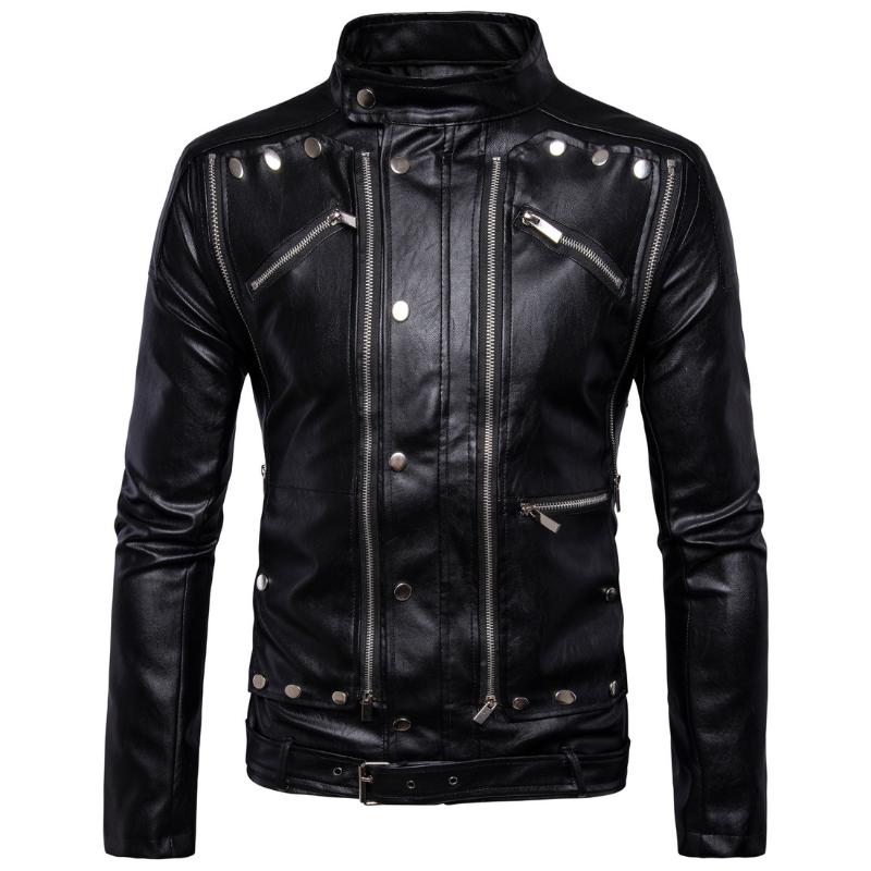 

Fashion Faux Leather Jacket for Men Zippers Winter Bomber PU Jackets Stand Mens Coats, Black