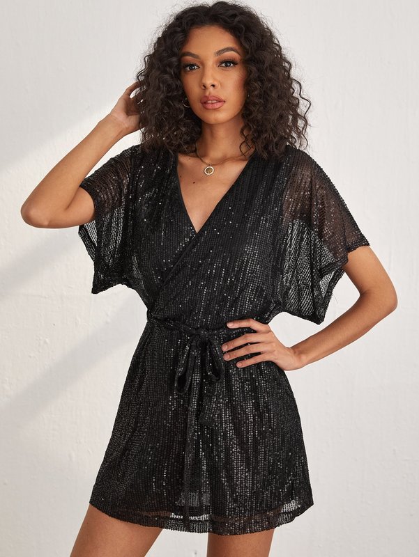 

Dolman Sleeve Overlap Collar Belted Glitter Dress SHE, Champagne.