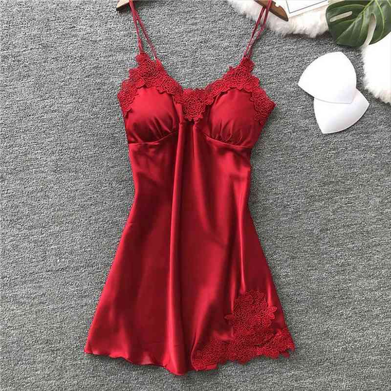 

Women Nightgowns Sexy Nightwear Lace Patchwork Camisola Lingerie Nighty Wedding Silk Dress Sleep Wear Nightdress Clothes, Black;red