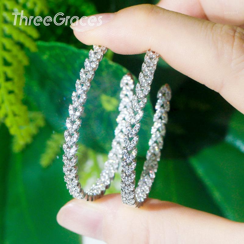 

Hoop & Huggie ThreeGraces Fashion Round Circle Micro Pave Cubic Zirconia Stone Wheat Leaf Big Earrings Women Wedding Jewelry ER4701
