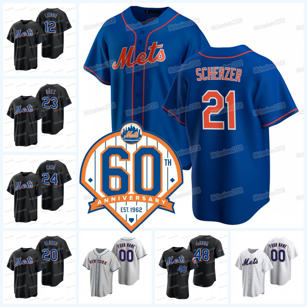 

21 Max Scherzer Mets 2022 60th Anniversary Jersey Black Francisco Lindor Javier Baez Eduardo Escobar Khalil Lee Pete Alonso Jacob deGrom Sta, Blue;black