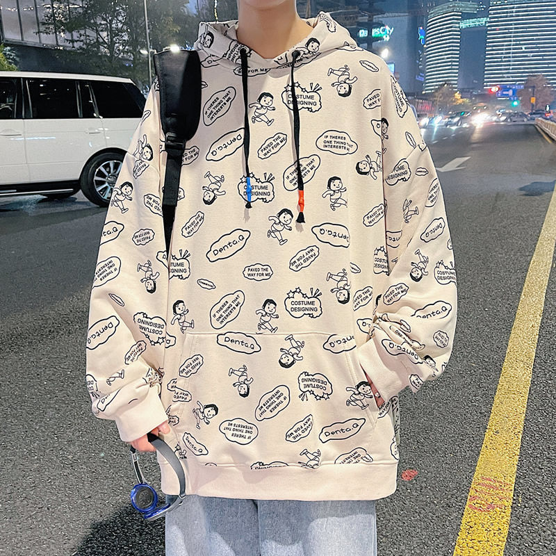 

Original 2021 Spring in the Fashion New Cotton Plus Velvet with Male Hip-hop Hood Complete Loose Couple Printed Free 34LI, Denim blue.