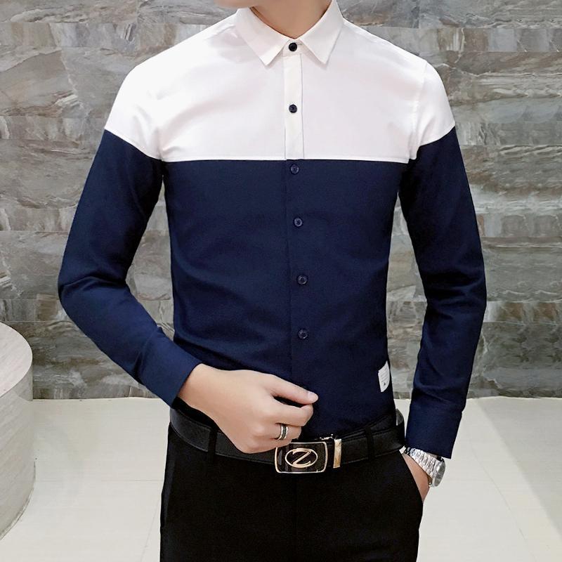 

4XL Color Block Mens Office Shirts Long Sleeve Workout Streetwear Oxford Shirt Men Autumn New Fashion Tuxedo Party Shirt Male, Navy tuxedo shirt