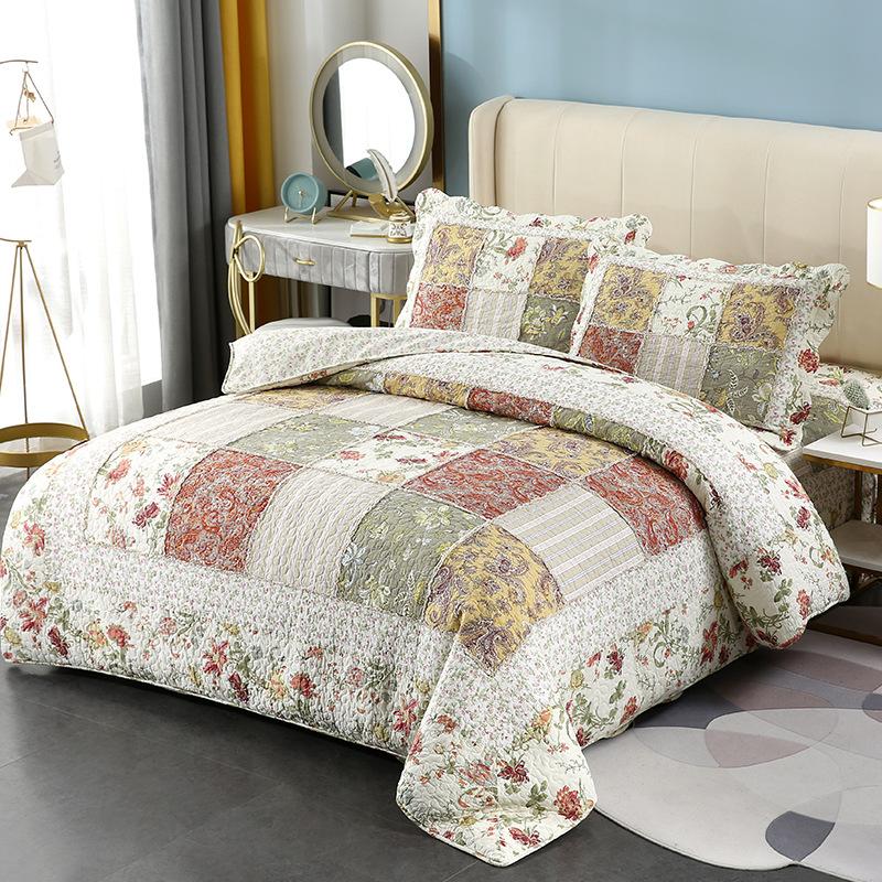 

CHAUSUB Bedspreads Quilt Set 3pcs Cotton Quilts Floral Patchwork Coverlet Quilted Bed Cover Pillowcase  Queen Size Blanket, As picture