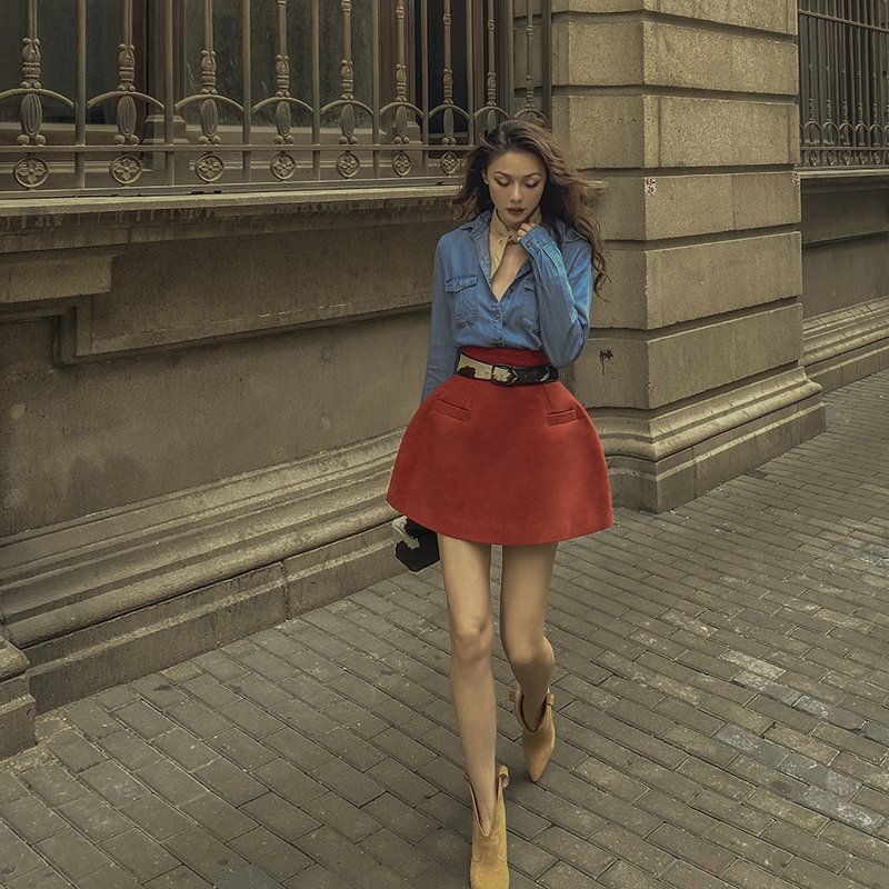 

2021 New Le Palais Original Autumn Thick Vintage Pumpkin High Female Waist Mini All-match Skirts XAEW, Pumpkin color.