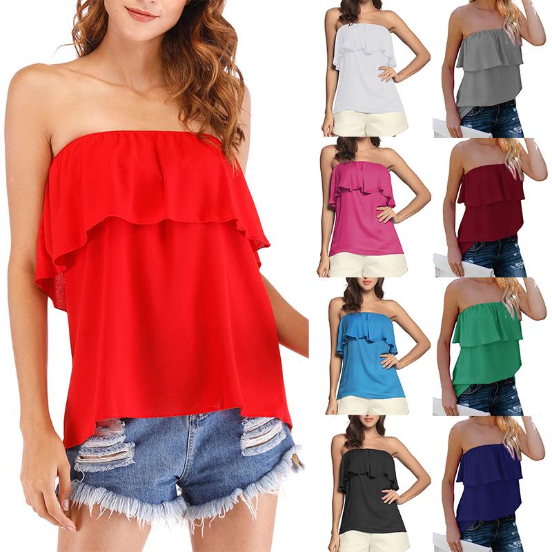 

Women's Blouses & Shirts Chiffon Tube Top Off Shoulder Loose Blouse Ruffles Hem Strapless Sexy Beach Wear Shirt Elegant Casual Sleeveless La, White