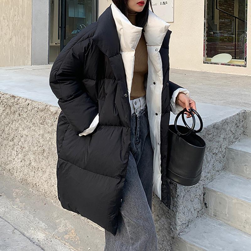 

2020 autumn and winter new women' hooded contrast color mid-length down jacket women' thick white duck down bread jacket trend, Black