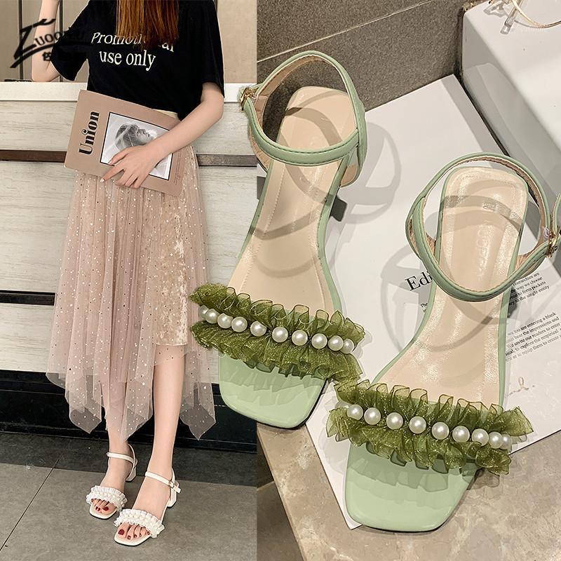 

Pearl Lace Sandals Women 2020 Sexy Green Square Heel Shoes Women Summer Shoes Gladiator Summer Sandals zapatos de mujer1