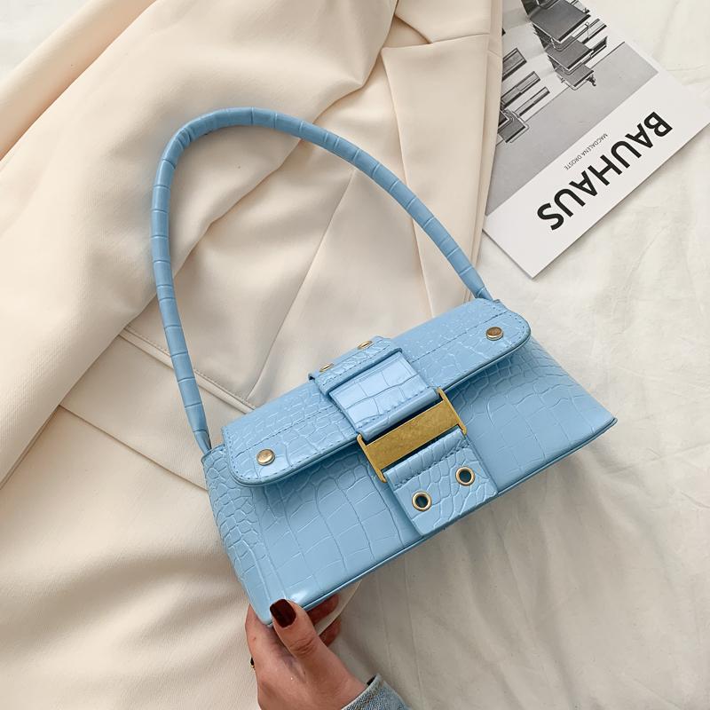 

New Design Flap Women Armpit Bags Solid Color Buckle Women Underarm Shoulder Bags Crocodile Pattern PU Leather Female Baguette, Brown