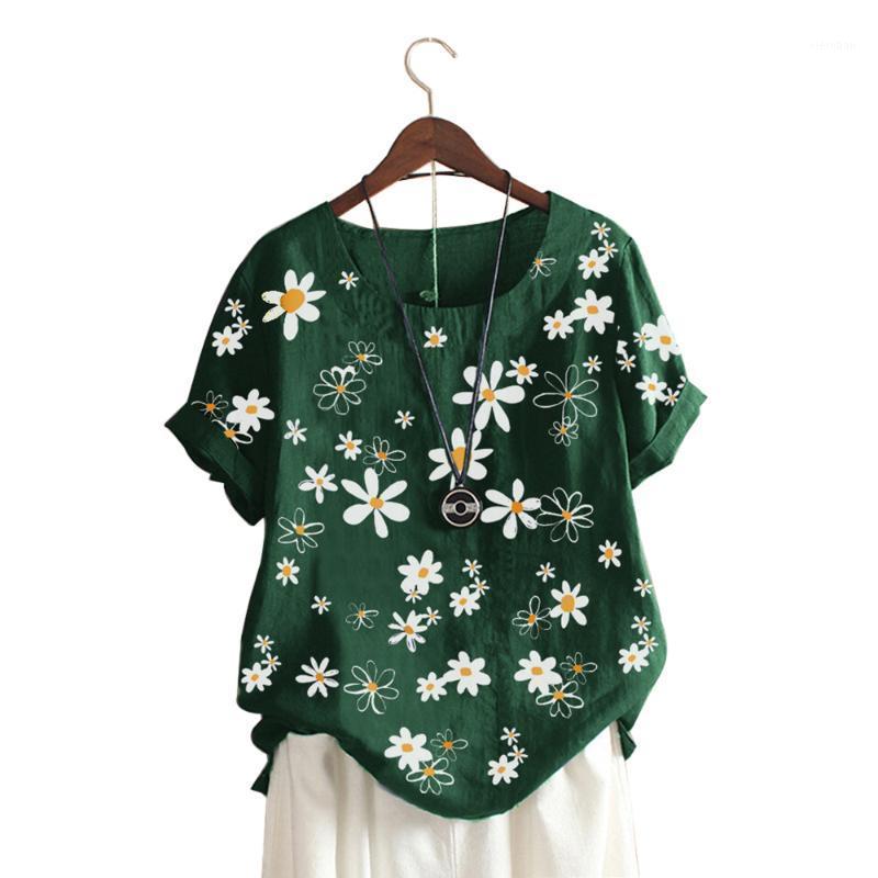 

Women's Blouses & Shirts Littlerossa 2021 Summer Daisy Print Buttons Blouse O-neck Cotton Linen Women Short Sleeve Top Pullover Blusa1, Color 4