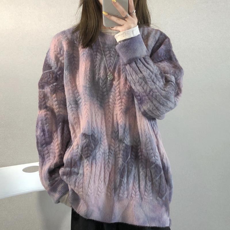 

winter clothes women 2020 Casual crew neck warm Long Sleeve Japanese Fashion Cute Tops Knitted Womans Sweaters, Tie dye