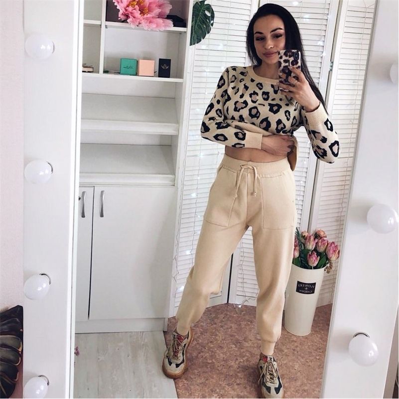 

Fashion Retro Women Knitted Suits Leopard Long Sleeve O-neck Sweater + Lace Up Waist Pocket Harem Pants Korean Sets T200704, Light apricot