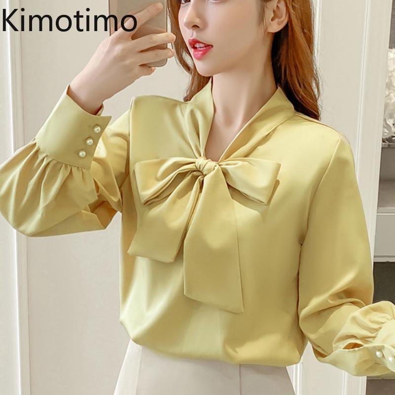 

Kimotimo Elegant Blouse Shirt Women 2021 Spring Autumn Yellow Long Sleeve Bow Office Lady Casual Fashion Korean Tops Blusas, White