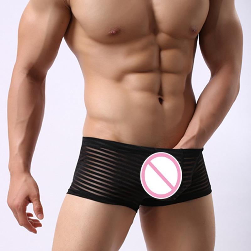 

Mesh See Through Transparent Sexy Men Panties Sexy Sheer Men's Underwear Stripe Boxers Gay Underwear Men Shorts Size  L XL, Black