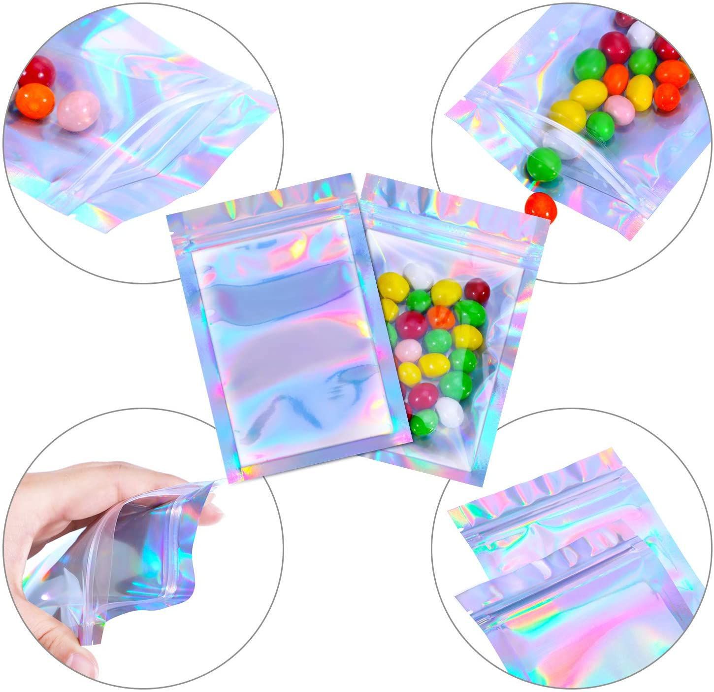 

Resealable Mylar Bags Holographic Color Multiple Size Smell Proof Bags Clear Zip Food Candy Storage Packing Bags