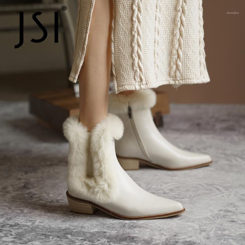 

JSI Winter Warm Fur Ankle Boots Woman Genuine Leather Pointed Toe White Solid Low Square Chunky Heel Short Boots Lady Shoe JO7731, Black