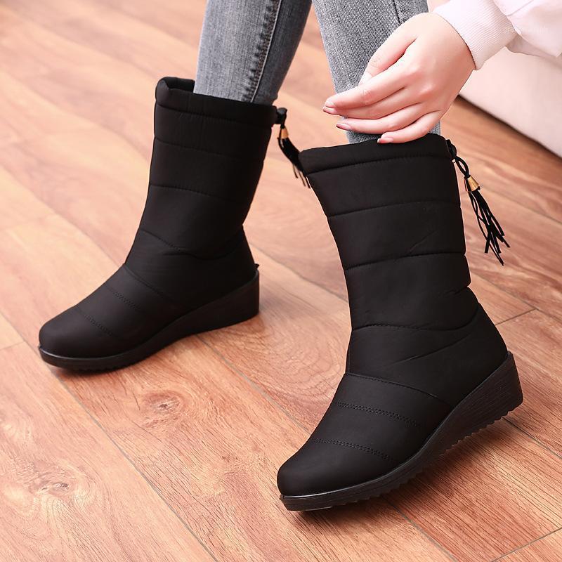 

2020 Snow Boots Women's Winter Plus Velvet Warm Middle Boots Thick Plush Anti-Slip Waterproof Female botas mujer Shoes Cotton1, Black