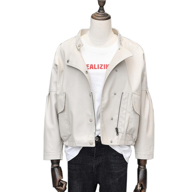 

2020 New Autumn Women Faux Leather Jacket Long Sleeve Female Biker Coat Short Pu Motorcycle Loose Jacket Outerwear, Beige