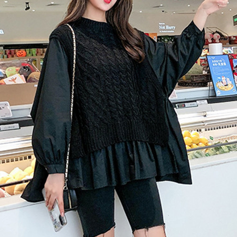 

2021 New Two-piece Sweater Women Autumn Lazy Style Stitching Loose Half High Collar Knitted Tops Female Pullover Tide YC88, Black