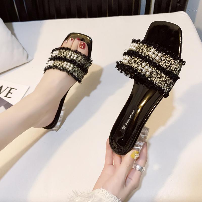 

Pearl Decoration Low Heel Slippers Women Clear Heel Slippers Summer Outdoor Fashion Open Toe Transparent Slides Women1, Black