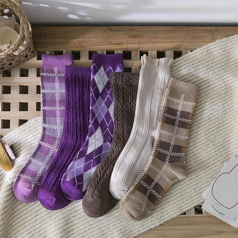 

Loose Socks Japanese Autumn Cotton Women's Dreamlikelin Houndstooth Retro Plaid Female, Beige