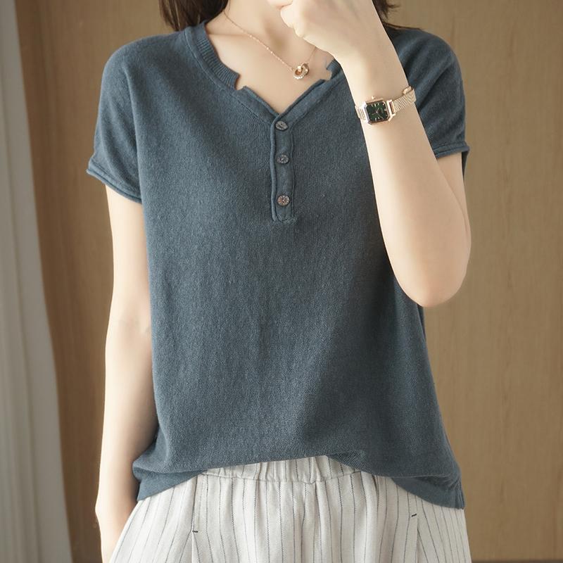 

2020 New Cotton and Knit Short-Sleeved Female V-Neck Loose Loose Thin T-shirt Summer Half-sleeved Shirt Solid Color Bottoming, Beige
