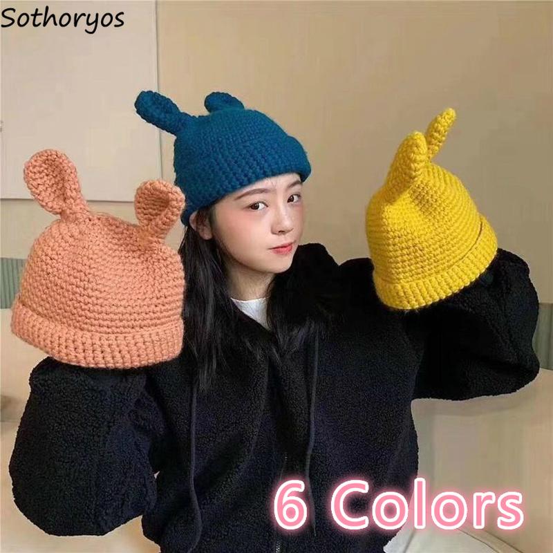 

Beanies Women Ear Kawaii Sweet Skullies Caps Students High Elasticity Leisure Chic Womens Korean Style Warm Solid Simple, Black