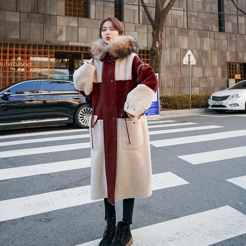 

2020 Winter Long Lamb Wool Stitching Women' Jacket Casual Big Fur Collar Thick Warm High-quality Wool Blend Women Jacket Coat, Blue