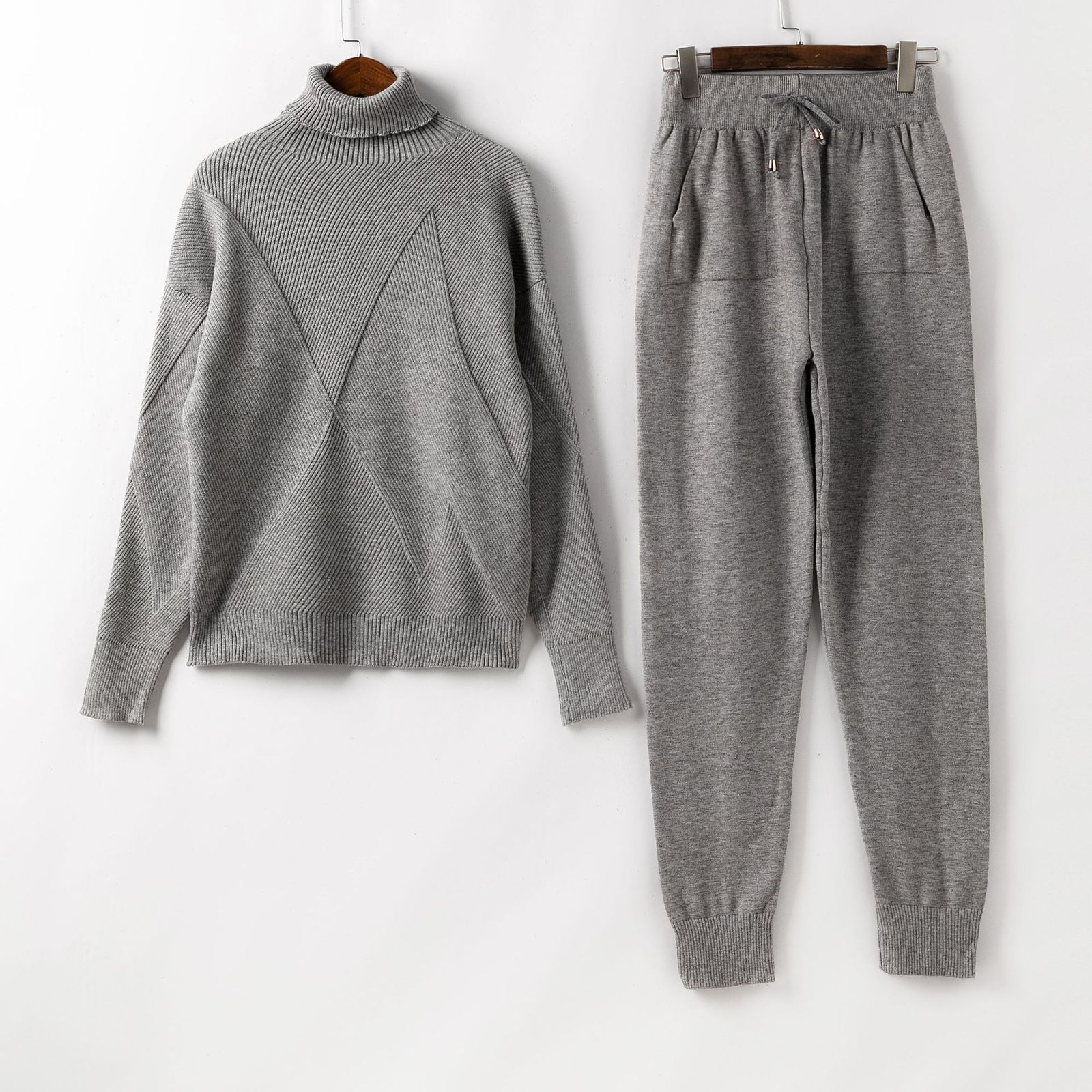 

2021 New Two Piece Set Knit Sport Suits Thick Warm Turtleneck Women Sweater + Drawstring Harem Pants Winter Jogging Outfits 7xjj, Pink