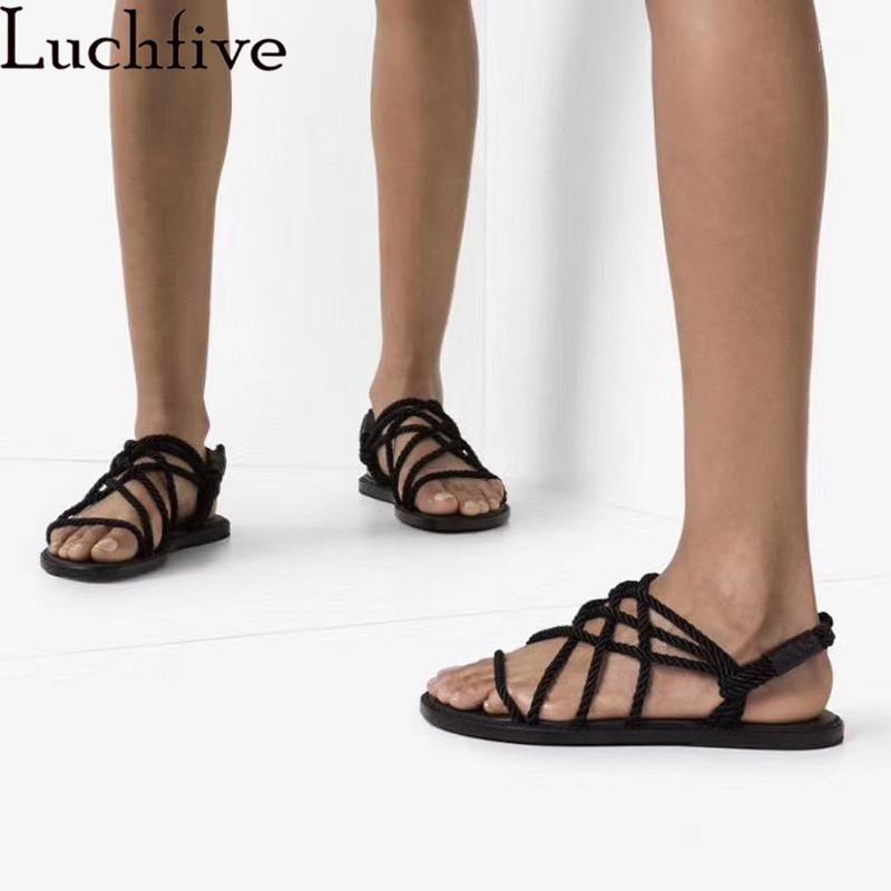 

Black Rope Weave Flat Sandals Woman Open Toe Cross Strap Designer Casual Beach Shoes Women 2020 Summer Sandalias Mujer1, Balck