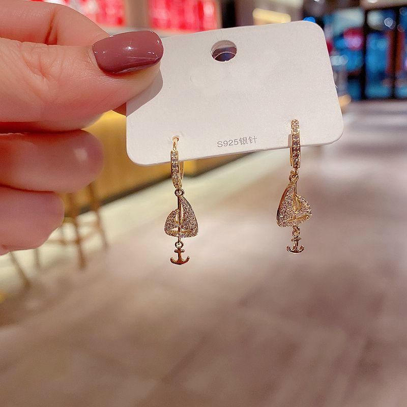 

High End Gold Color Anchor Sailing Boat Drop Dangle Earrings for Women Trendy Cubic Zirconia Jewelry