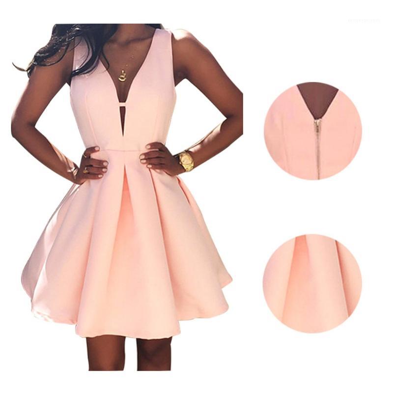 

Wholesale- New Summer Vestidos Women Fashion Casual Dress V-Neck Sleeveless Pink Evening Party Dresses Vestido de festa Brazil Trend1, As pic