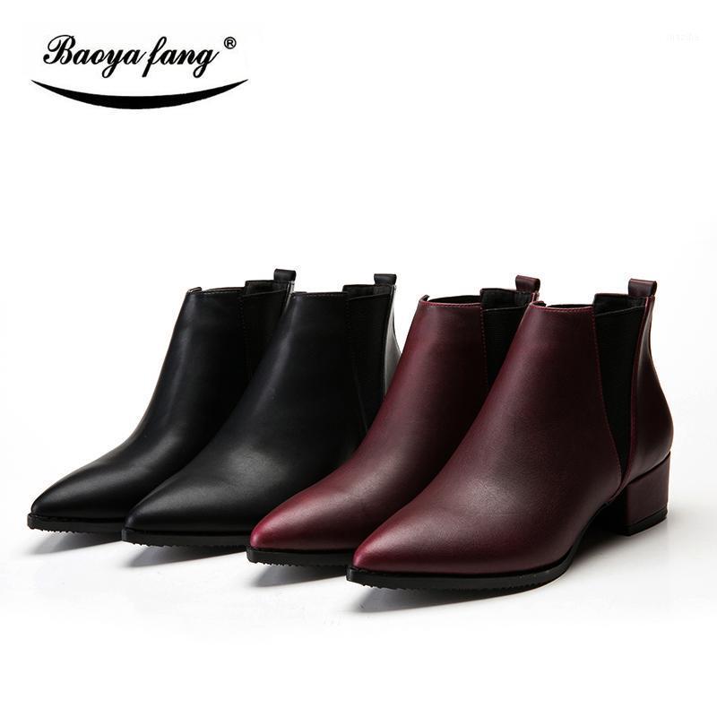 

BaoYaFang New arrival Winter Boots leather ankle boots for women thick heel pointed toe High quality Womens shoes black/wind red1